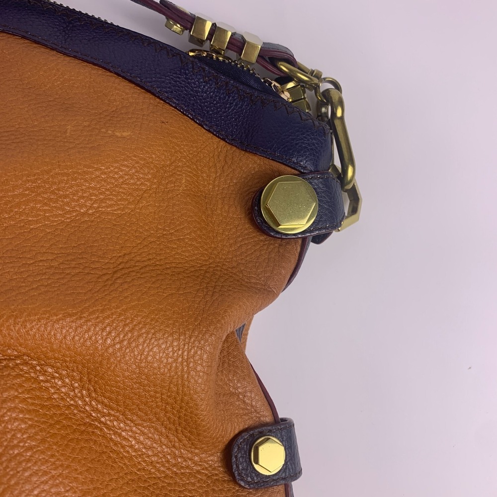 OrYani Navy Cognac Convertible Oversized Tote Bag Satchel Color Block Charm Gold - Picture 2 of 16